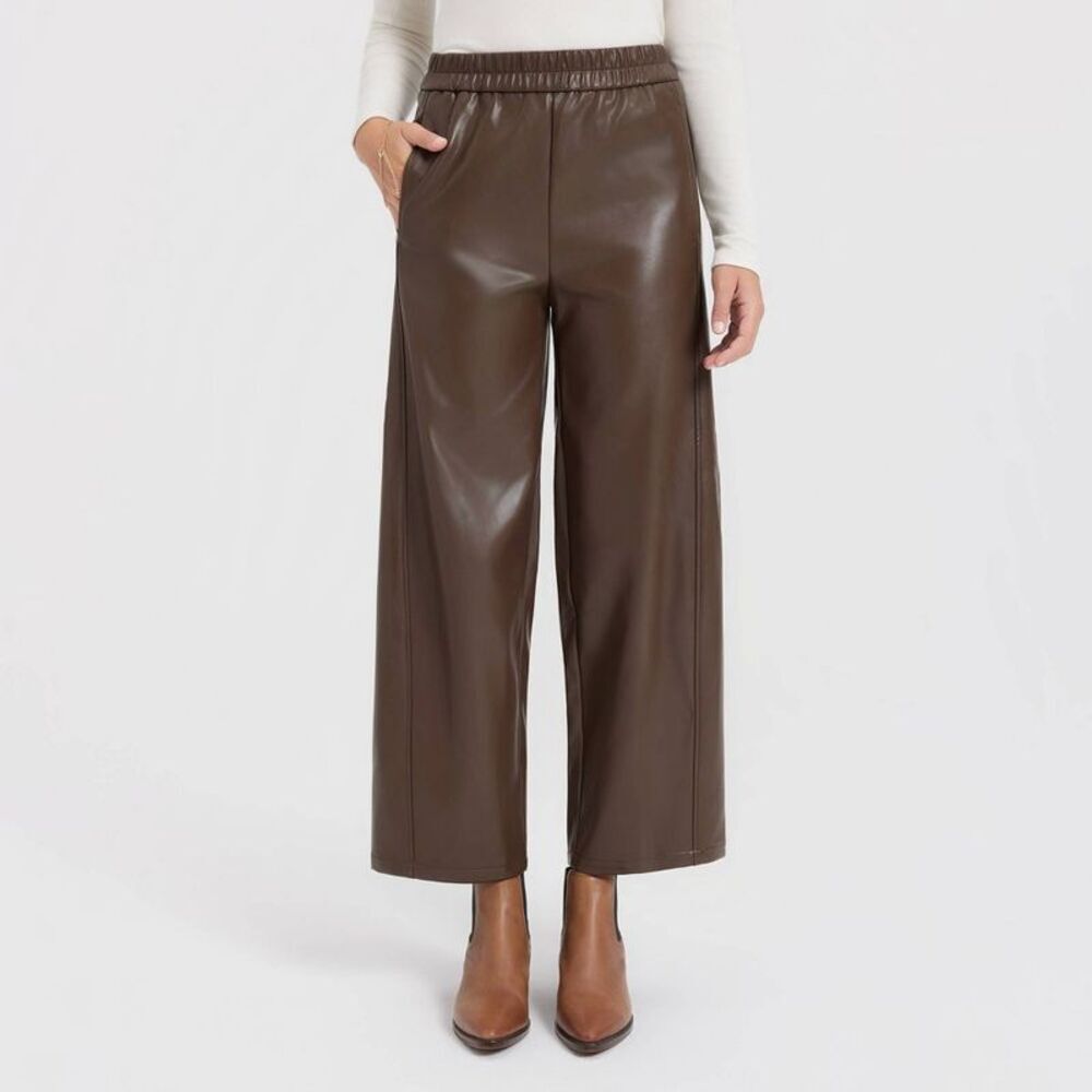 Women's Mid-Rise Barrel Leg Faux Leather Pull-On Pants - A New Day Dark Brown M